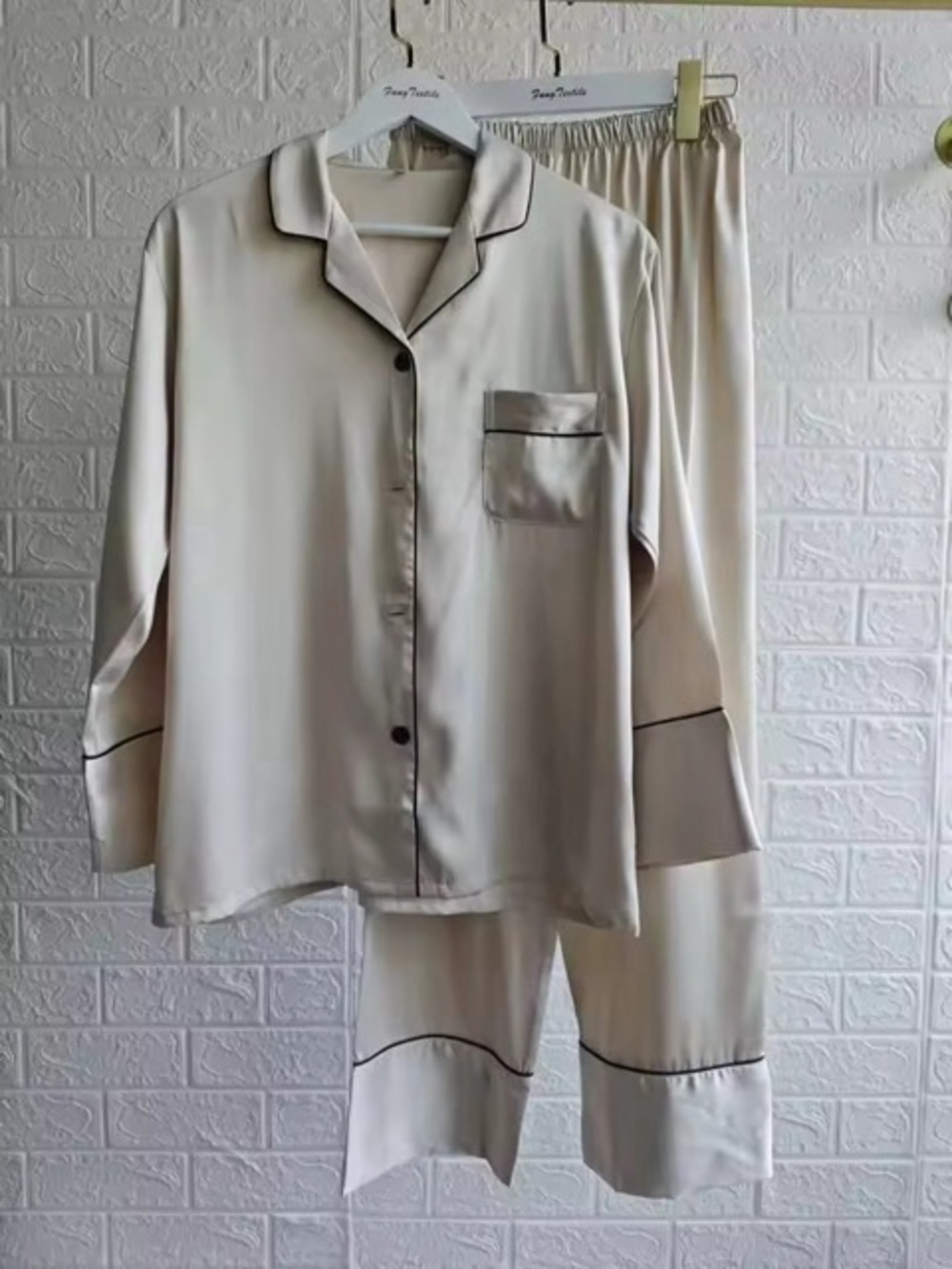 Silky Cream Satin Pajama Set with Contrast Piping